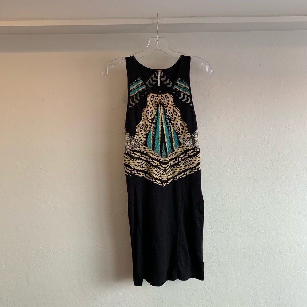 Black, cream, turquoise dress